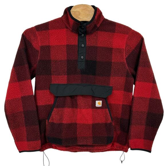 Men's Oxblood Plaid Carhartt Relaxed Fit 1/4 Snap Sherpa Fleece Pullover Size M - Picture 1 of 7